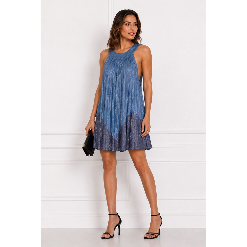 Free People Blue Metallic Pleated Chevron Trapeze Mini Dress Size L
